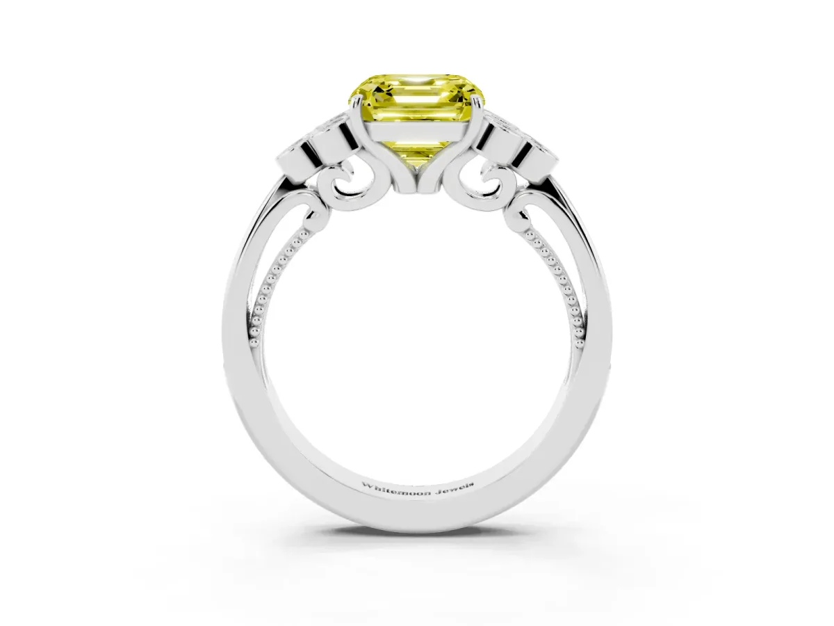 Fancy Yellow Asscher Cut Cut Diamond Engagement Ring with Bezel Set Round Side Stones and Prong Setting Platinum