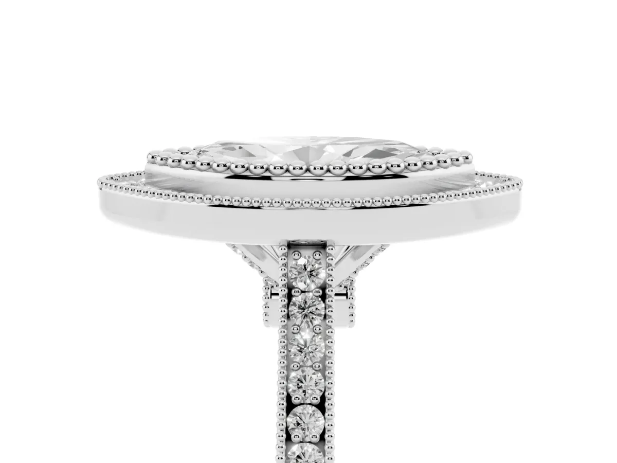 Marquise Cut Diamond Halo Ring with Milgrain Frame and Pavé Band Silver