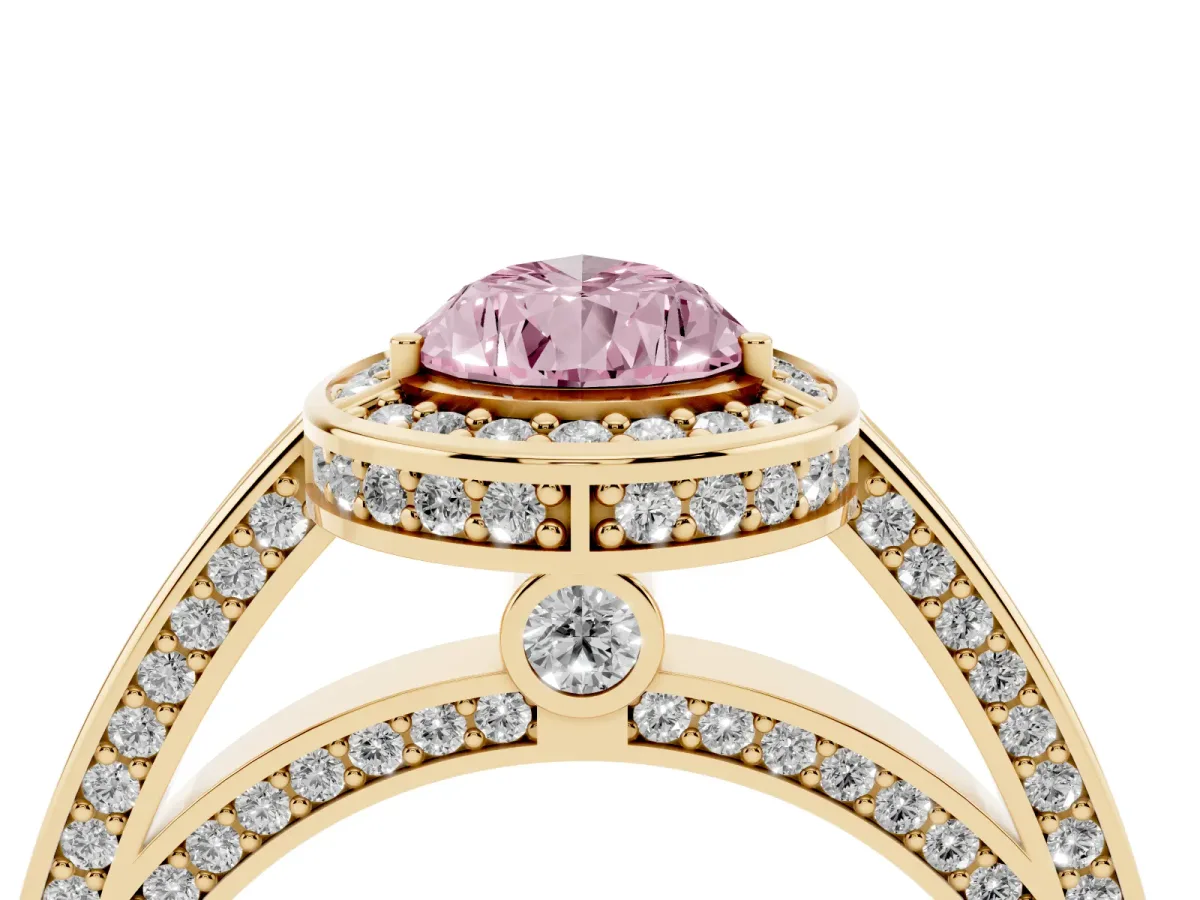 Fancy Pink Pear Cut Cut Halo Pave Split Shank Prong Setting Ring Yellow gold