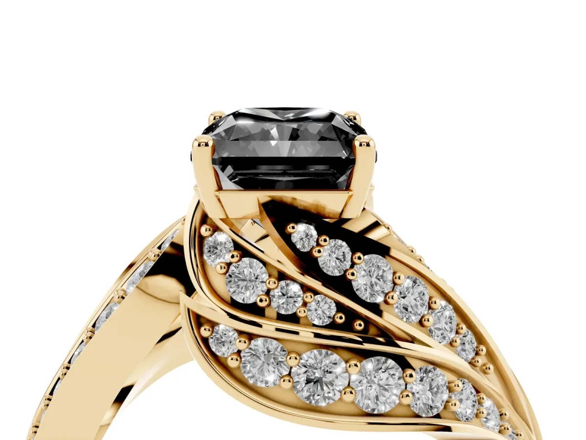 Fancy Black Radiant Cut Diamond Solitaire Ring with Prong Setting and Twisted Pavé Band Yellow gold