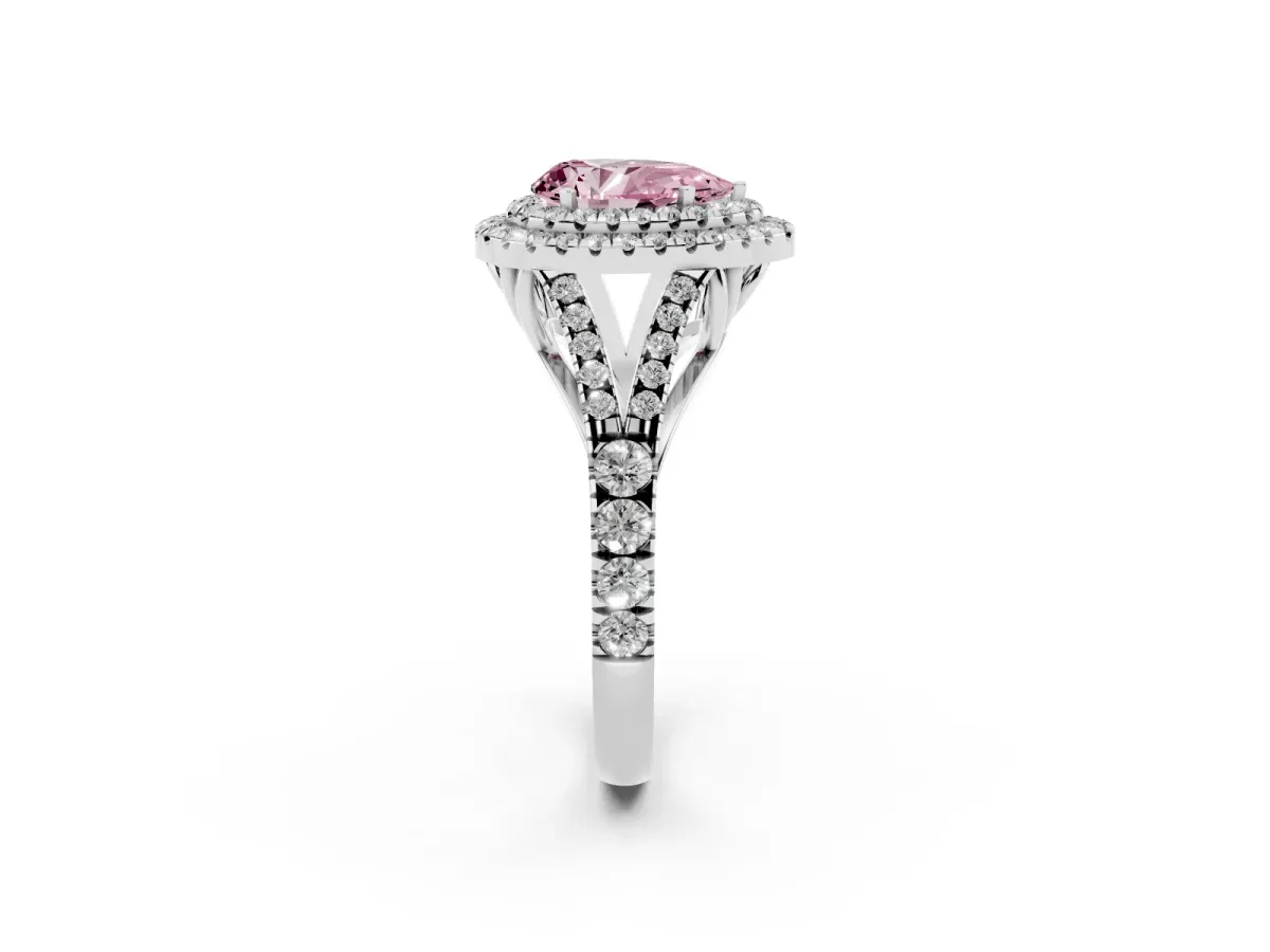 Fancy Pink Double Halo Pear Cut Diamond Split Shank Engagement Ring with Four-Prong Setting Silver