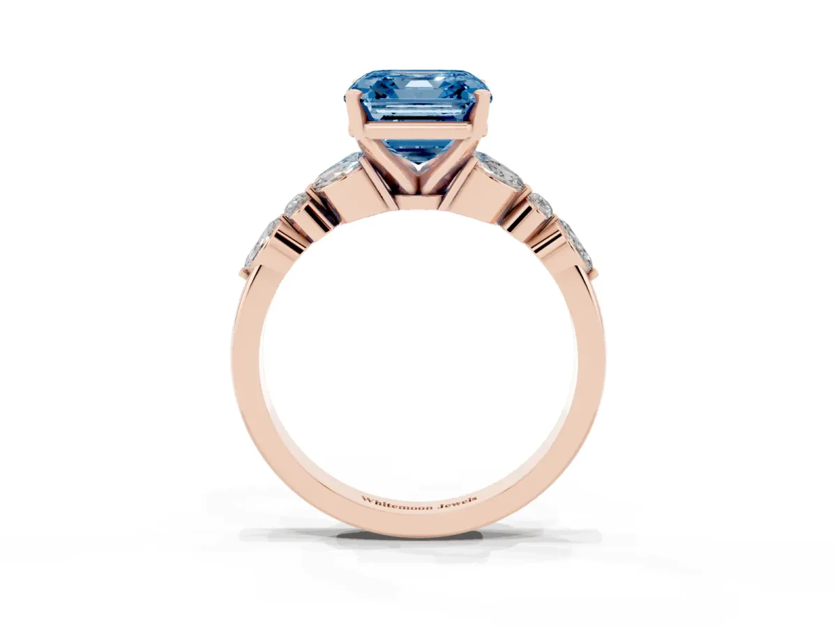 Fancy Blue Asscher Cut Diamond Solitaire Ring with Side Stones and Four-Prong Setting Rose gold