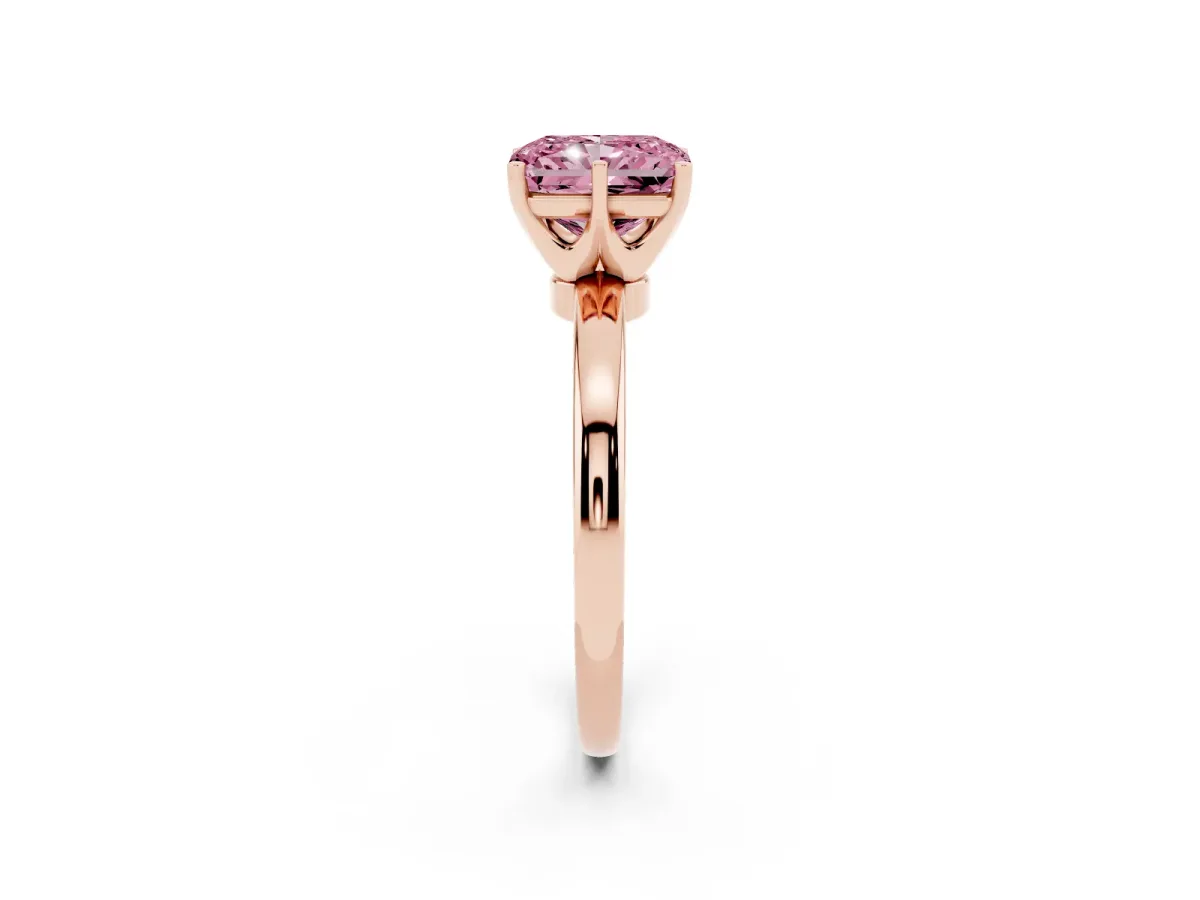 Fancy Pink Radiant Cut Solitaire Diamond Ring with Six-Prong Setting on a Classic Band Rose gold