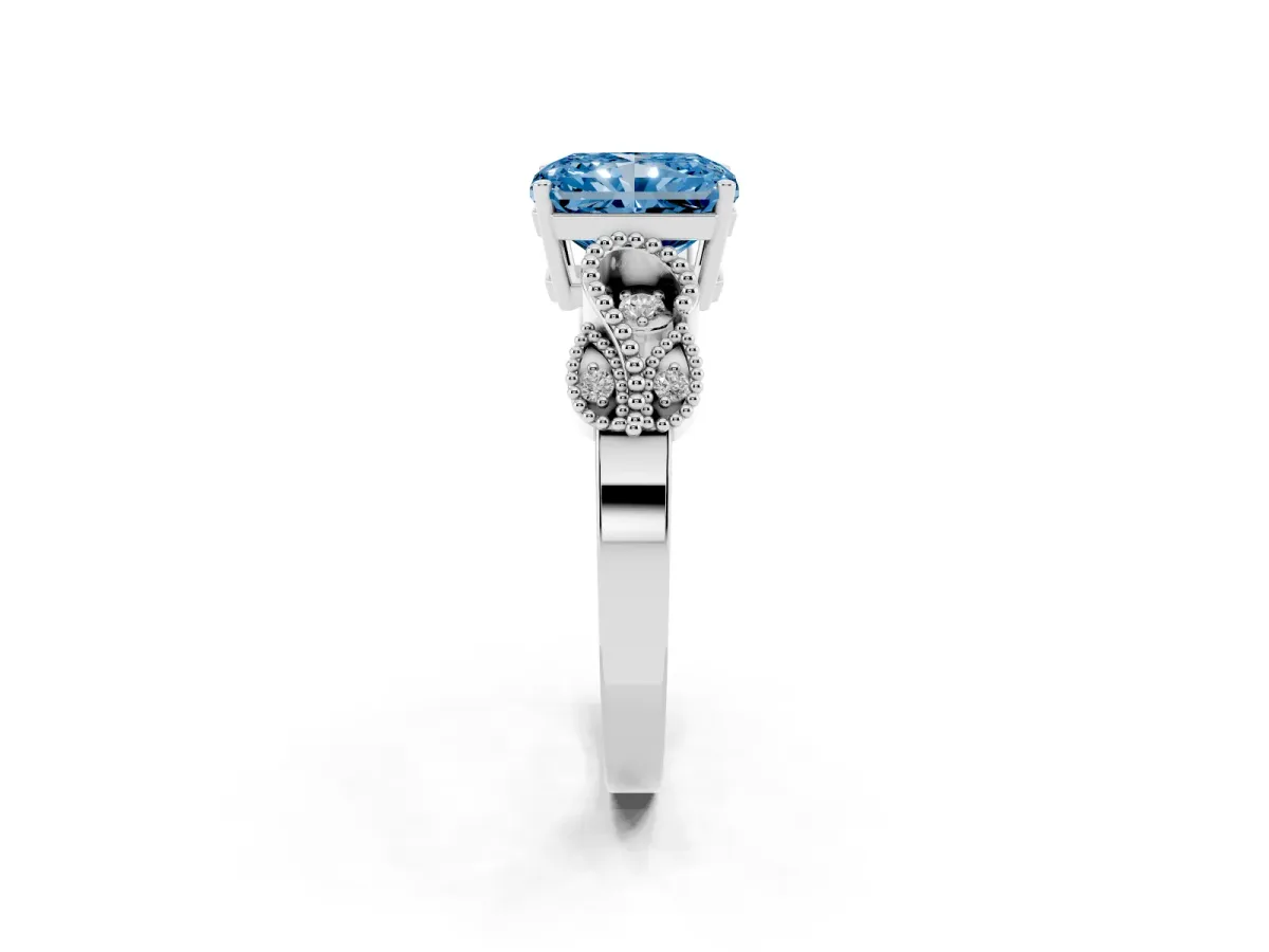 Fancy Blue Princess Cut Solitaire Milgrain Leaf Band with Prong Setting Silver