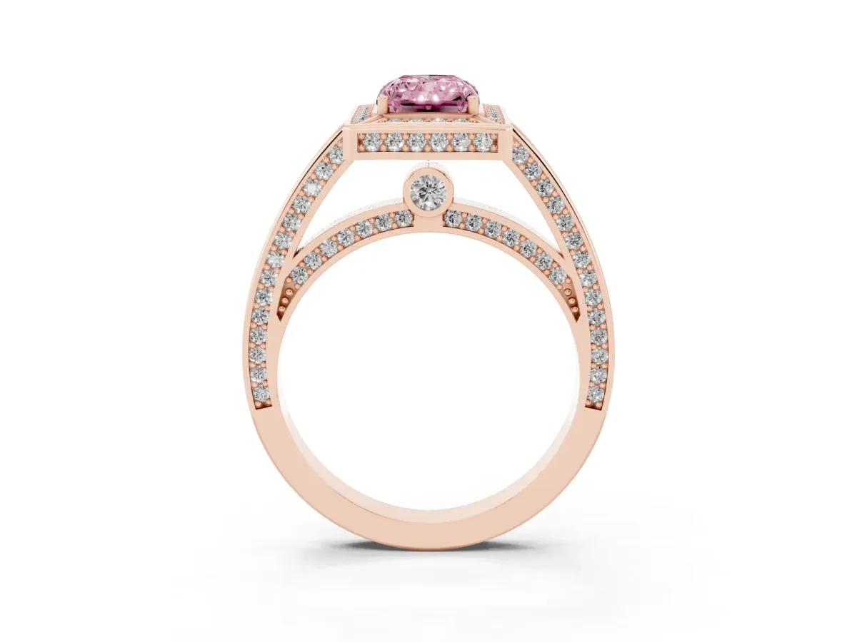 Fancy Pink Radiant Cut Cut Halo Pave Split Shank Prong Setting Ring Rose gold