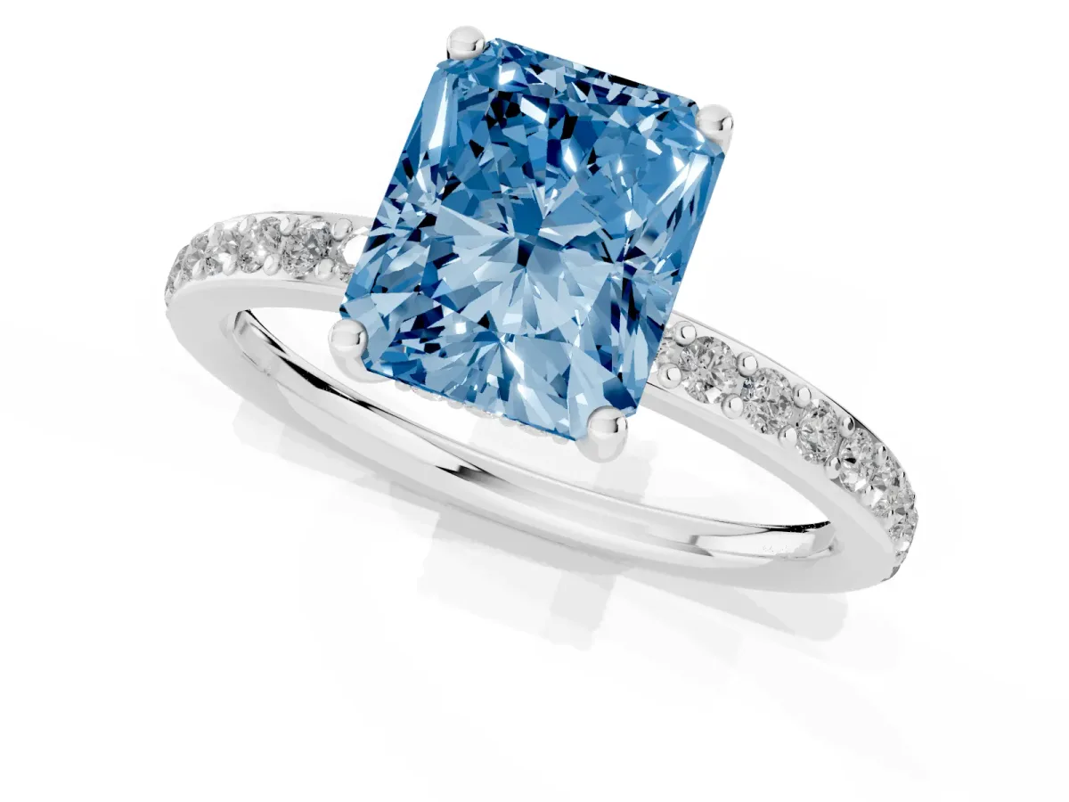 Fancy Blue Radiant Cut Cut Diamond Pavé Band Ring with Four-Prong Setting Platinum