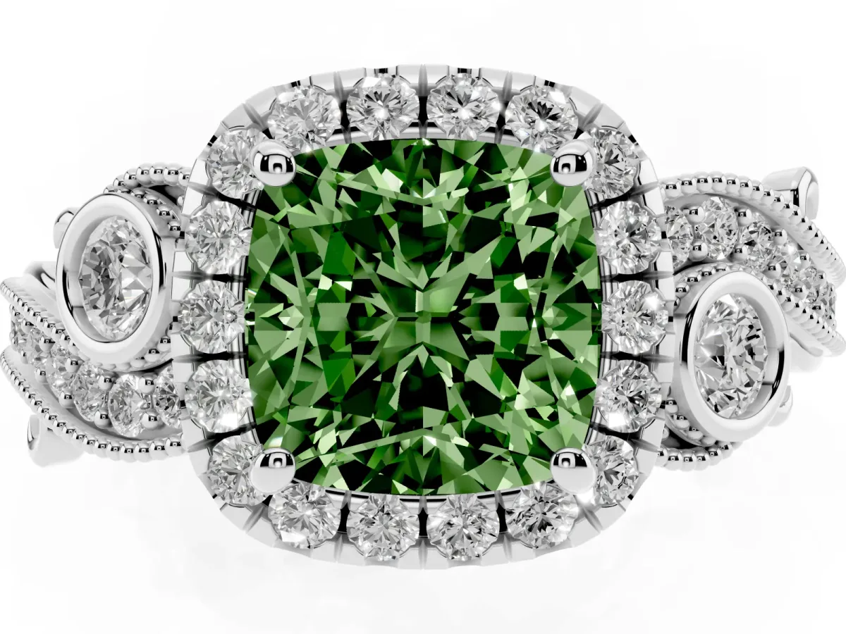 Fancy Green Cushion Cut Diamond Halo Ring with Milgrain Pavé Band and Four-Prong Setting Platinum