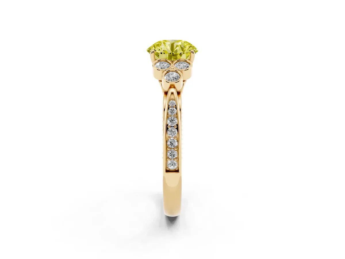 Fancy Yellow Round Cut Cut Diamond Engagement Ring with Bezel Set Round Side Stones and Prong Setting Yellow gold