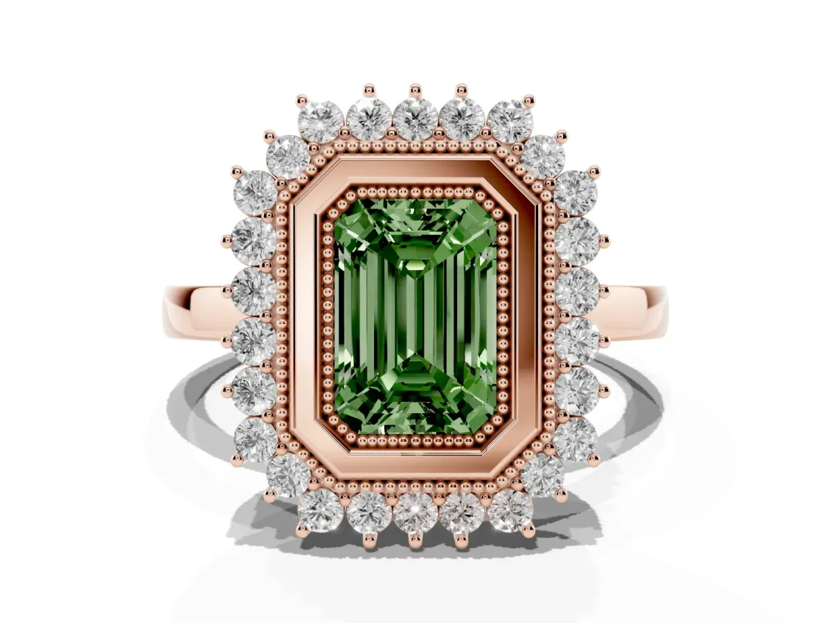 Fancy Green Emerald Cut Halo Diamond Ring with Milgrain Edge and Round Prong Setting Rose gold