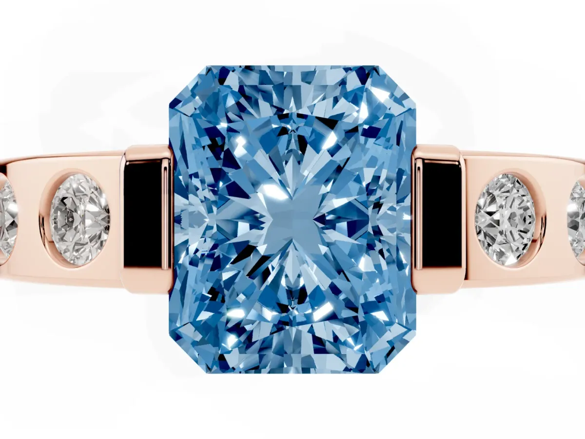 Fancy Blue Radiant Cut Brilliant Channel-Set Diamond Ring with Bezel Prong Setting Rose gold