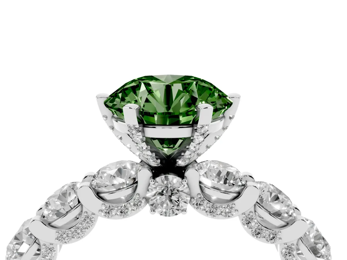Fancy Green Round Cut Diamond Side Stone Engagement Ring with Four-Prong Setting Platinum