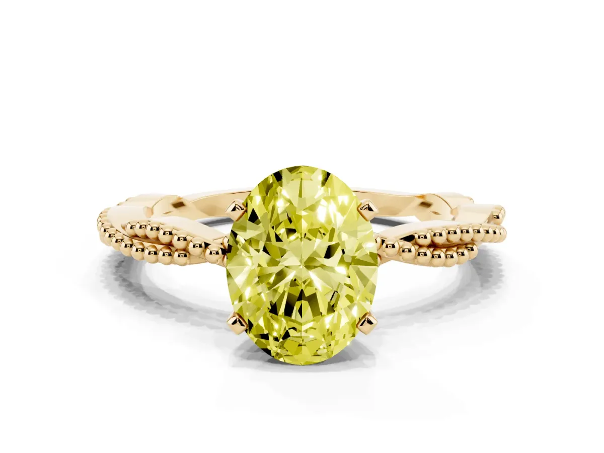 Fancy Yellow Oval Cut Solitaire Twisted Band with Bead Prong Setting Yellow gold