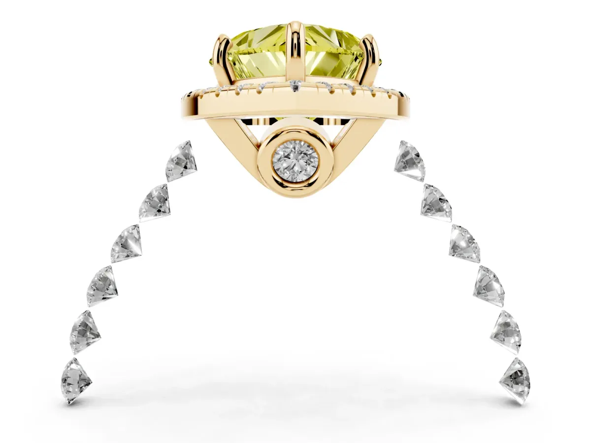 Fancy Yellow Heart Cut Halo Pavé Diamond Engagement Ring with Four-Prong Setting Yellow gold