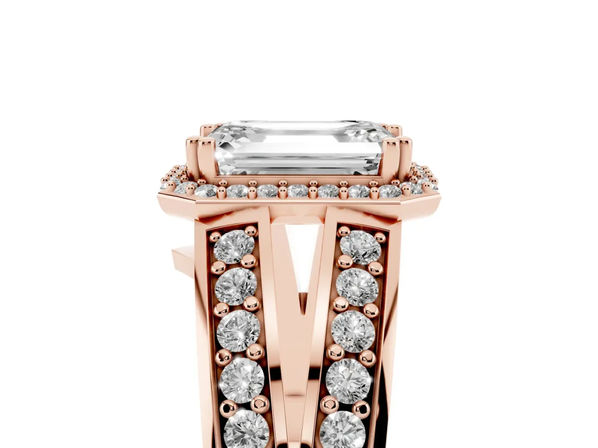 Emerald Cut Diamond Halo Ring with Split Shank Pavé Band and Four-Prong Setting Rose gold