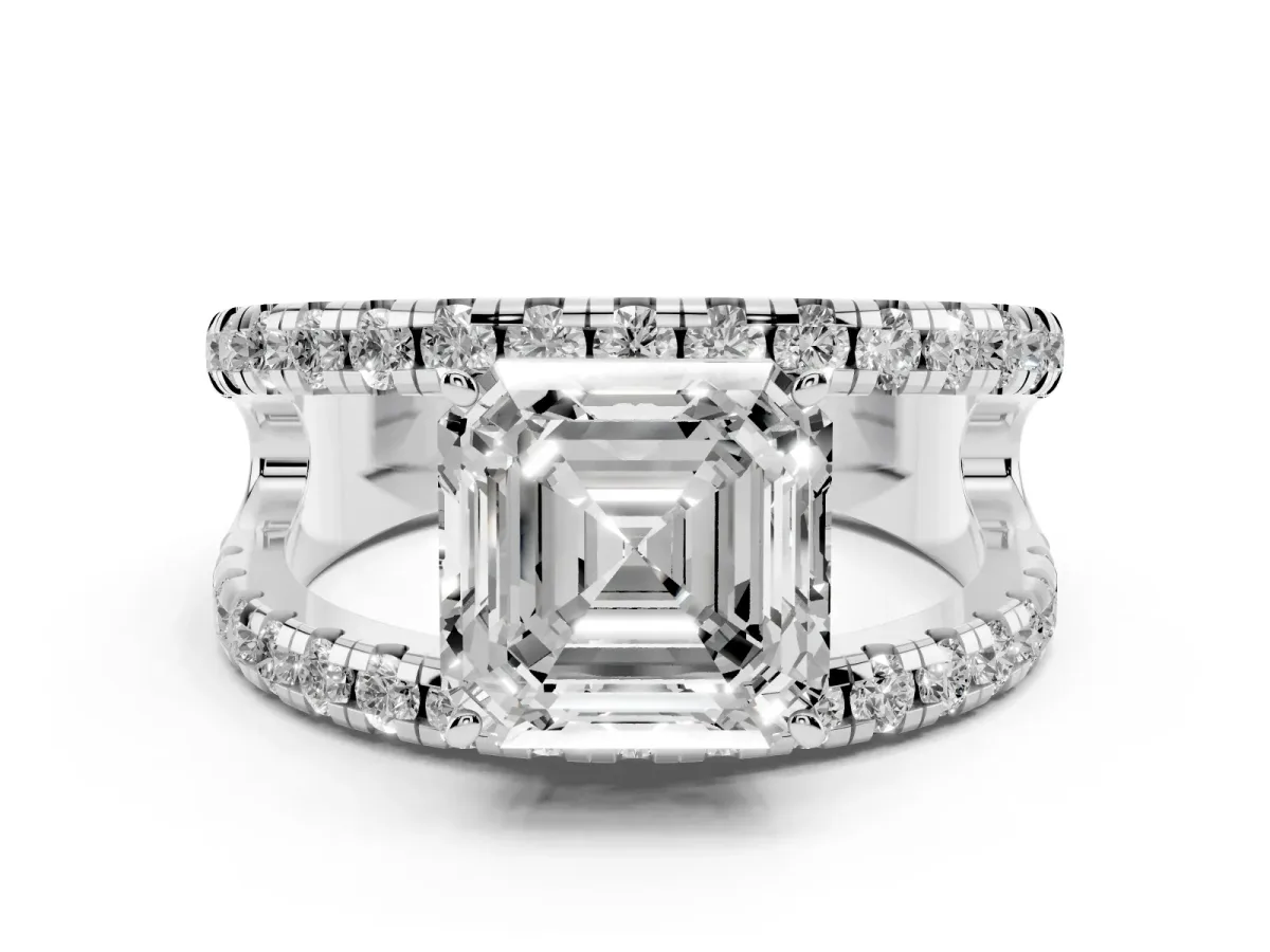 Asscher Cut Solitaire Split Shank Pave Diamond Ring Platinum