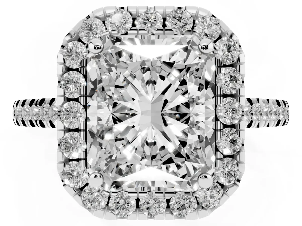 Radiant Cut Diamond Cushion Halo Ring with Pavé Band Silver