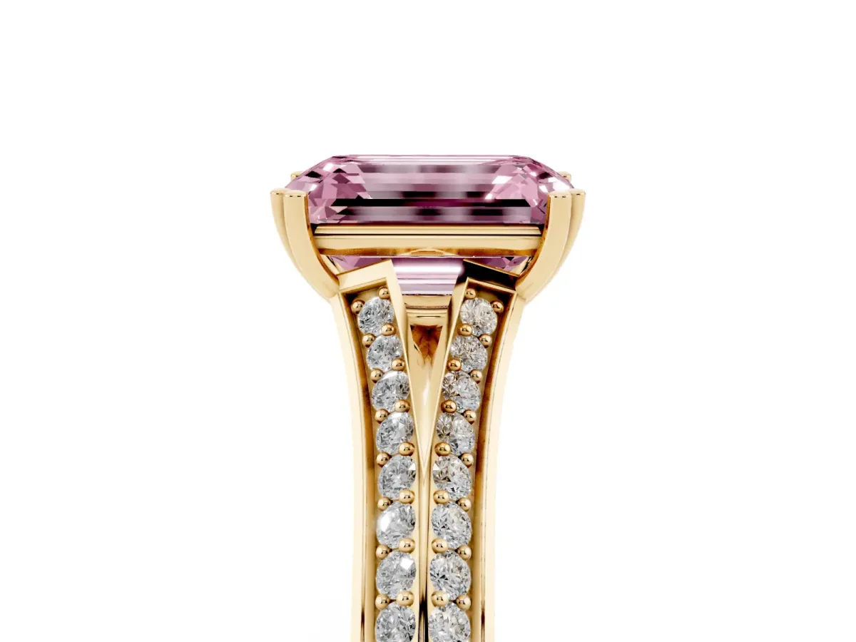 Fancy Pink Emerald Cut Diamond Split Shank Engagement Ring with Pavé Band Yellow gold