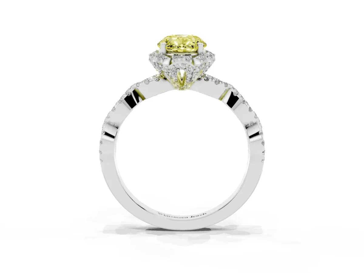Fancy Yellow Oval Cut Halo Twist Band Solitaire Ring with Six-Prong Setting Silver