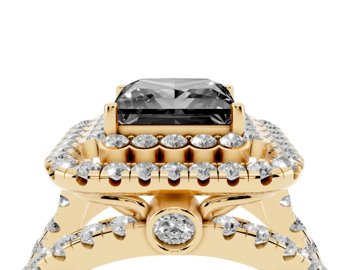 Fancy Black Princess Cut Diamond Double Halo Ring with Round Pavé Split Shank and Prong Setting Yellow gold