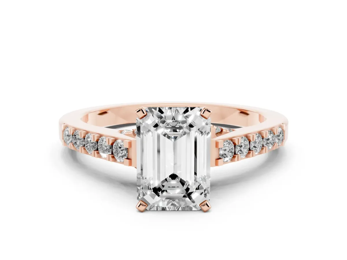 Emerald Cut Diamond Solitaire Ring with Crossover Gallery and Round Pavé Band Rose gold