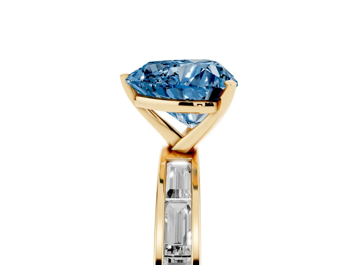 Fancy Blue Heart Cut Solitaire Diamond Ring with Channel-Set Baguette Band and Four-Prong Setting Yellow gold
