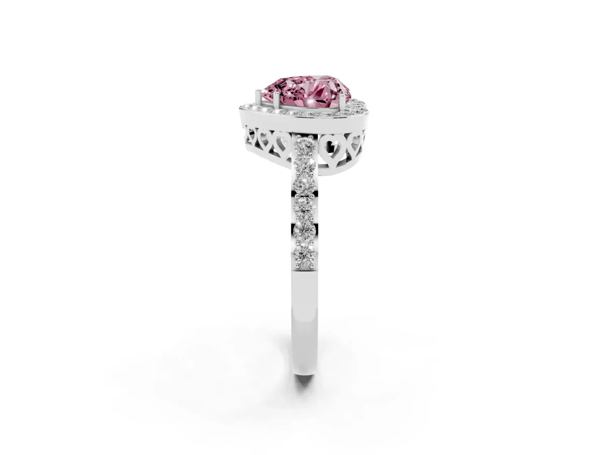 Fancy Pink Heart Cut Halo Diamond Pavé Band Ring with Prong Setting Silver