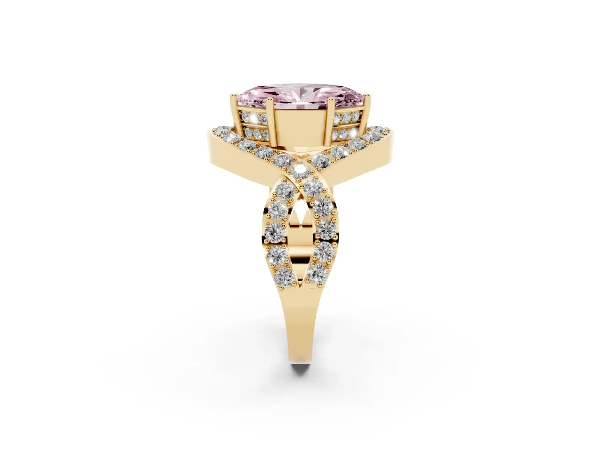 Fancy Pink Marquise Cut Solitaire Twist Band Pavé Diamond Engagement Ring Yellow gold