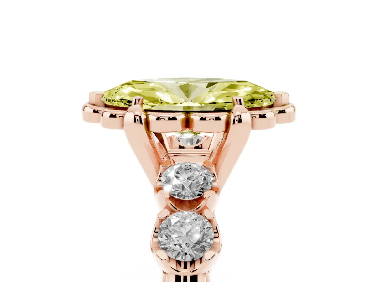 Fancy Yellow Marquise Cut Cut Diamond Floral Halo Engagement Ring with Shared Prong Setting Rose gold
