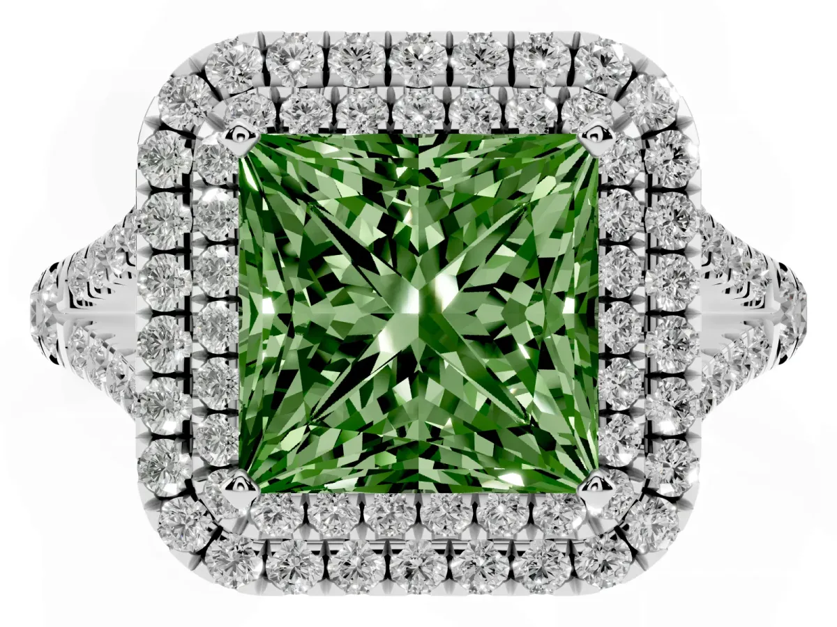 Fancy Green Princess Cut Cut Double Halo Split Shank Diamond Ring with Prong Setting Platinum