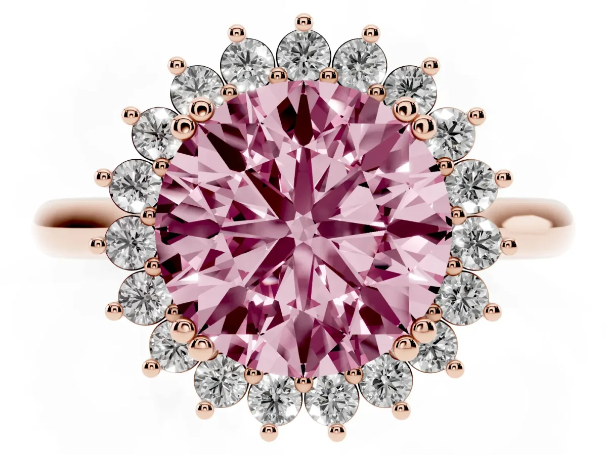 Fancy Pink Round Cut Cut Diamond Halo Ring with Solitaire Band and Prong Setting Rose gold