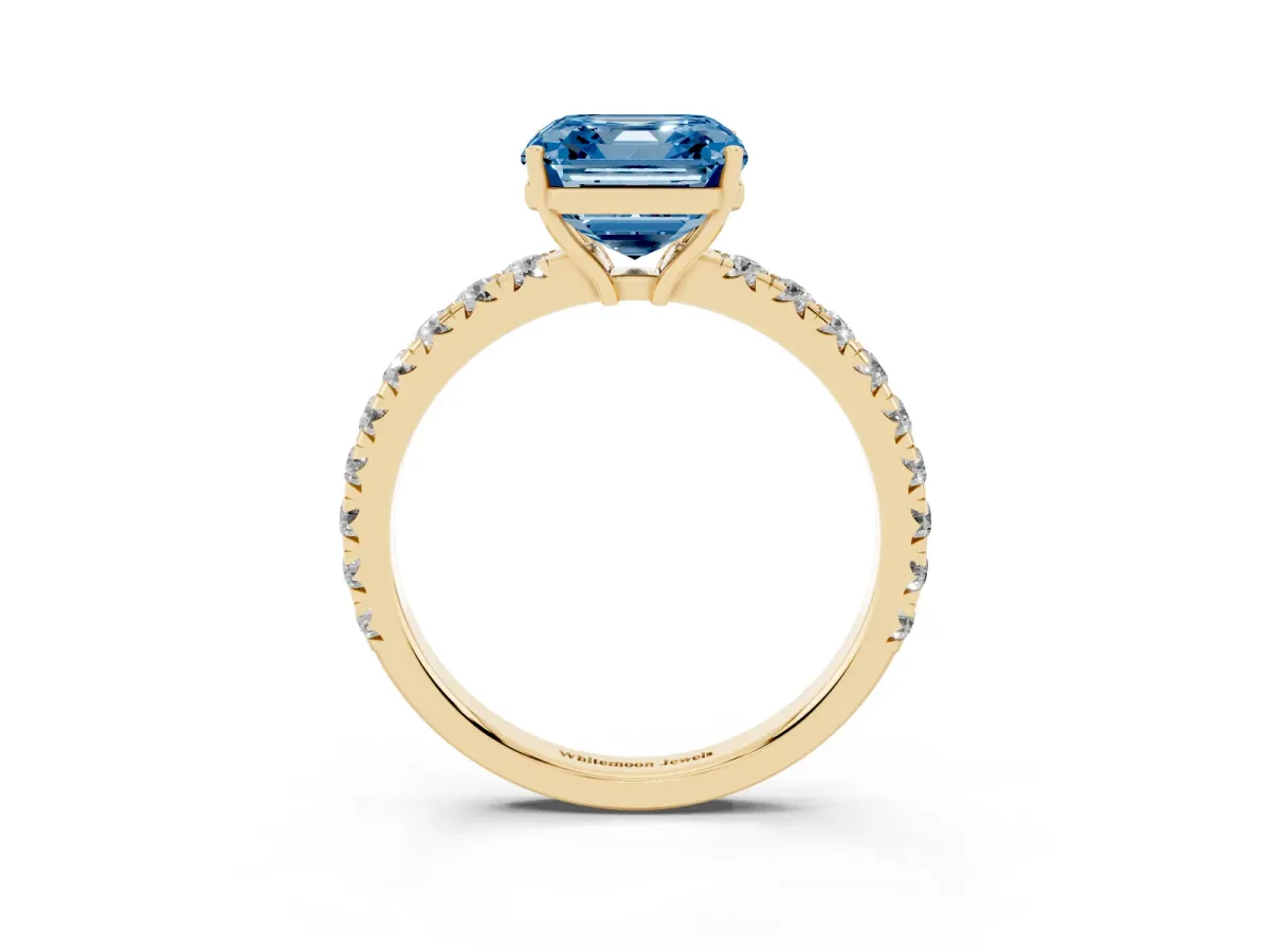 Fancy Blue Asscher Cut Diamond Pavé Solitaire Engagement Ring with Four-Prong Setting Yellow gold