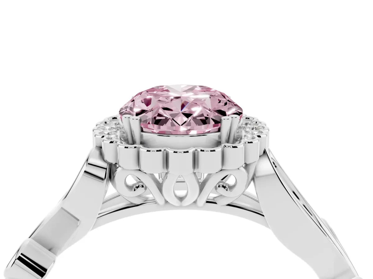 Fancy Pink Oval Cut Diamond Halo Ring with Vintage Split Shank and Four-Prong Setting Silver