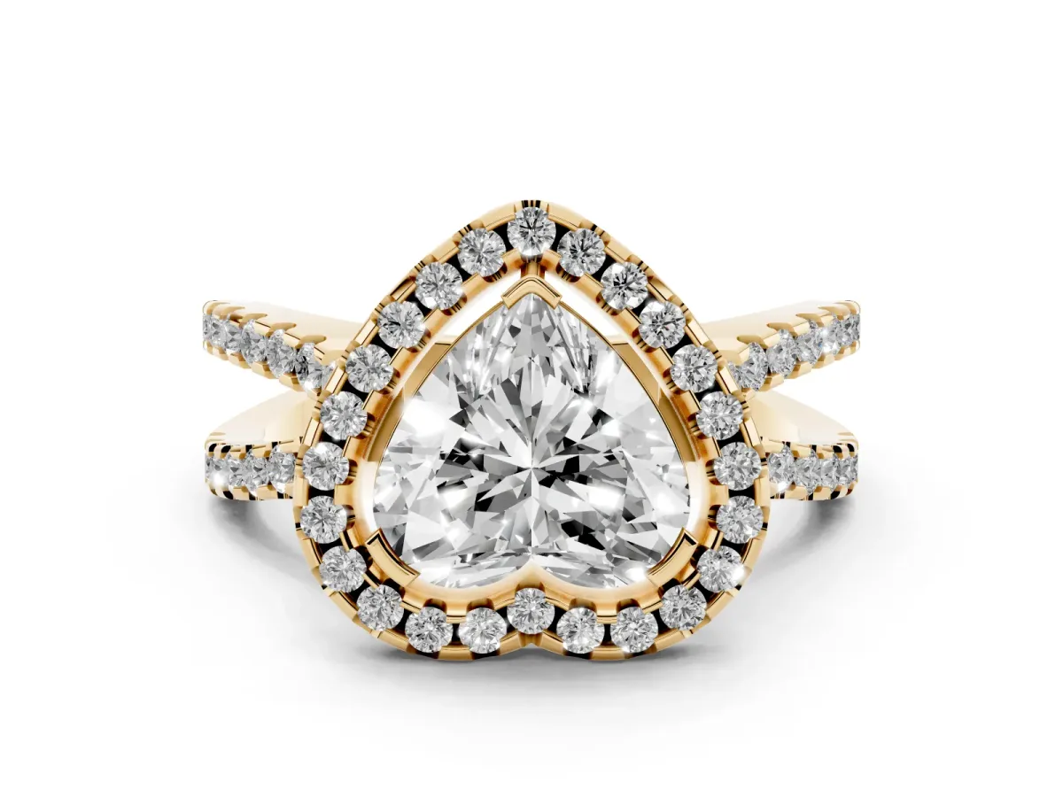 Heart Cut Diamond Halo Ring with Split Shank Pavé Band and Prong Setting Yellow gold
