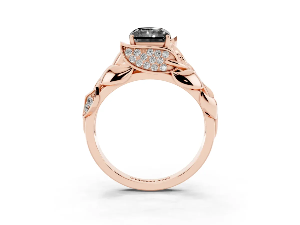 Fancy Black Radiant Cut Diamond Leaf-Inspired Engagement Ring with Round Accents and Prong Setting Rose gold