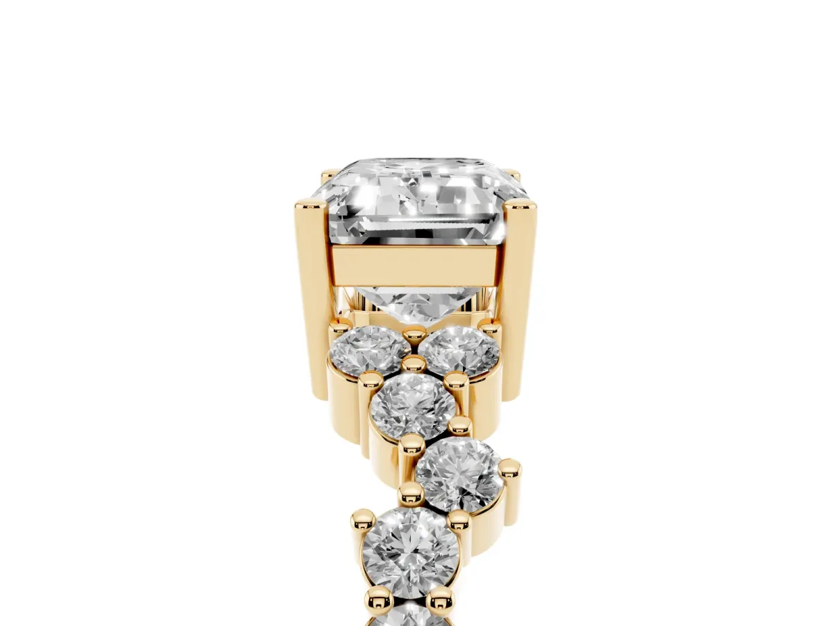 Emerald Cut Diamond Scattered Round Accent Ring with Prong Setting Yellow gold