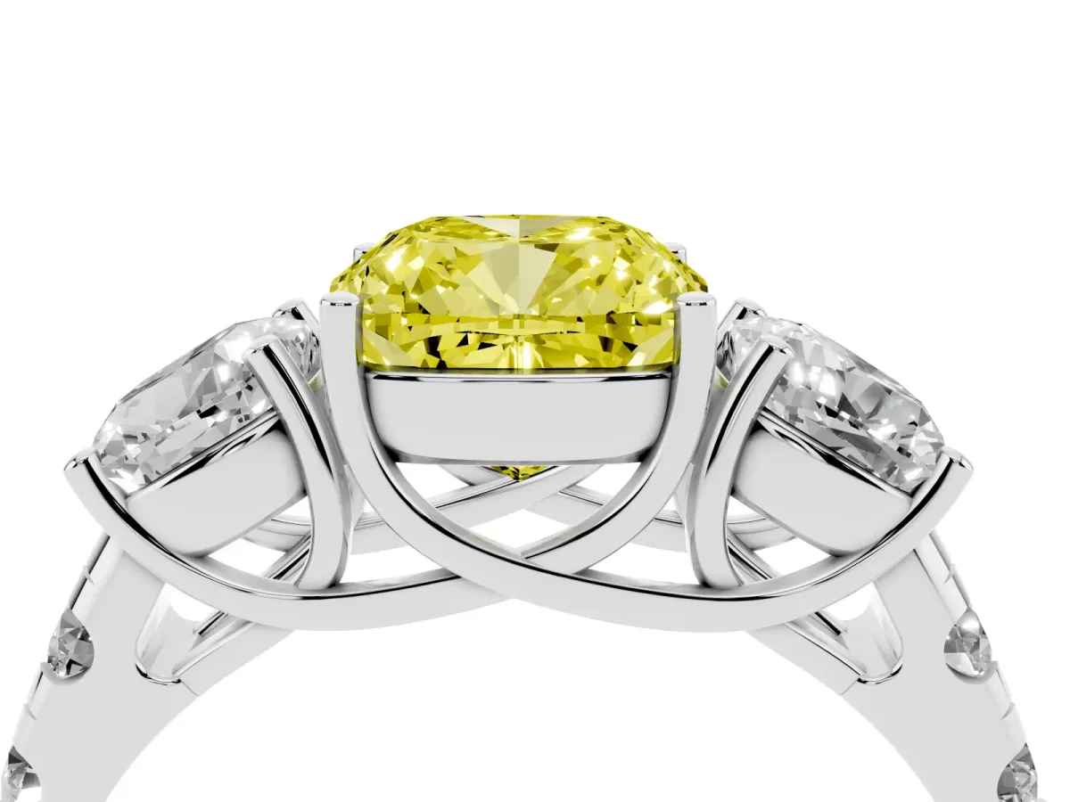 Fancy Yellow Three-Stone Cushion Cut Diamond Pavé Band with Prong Setting Platinum