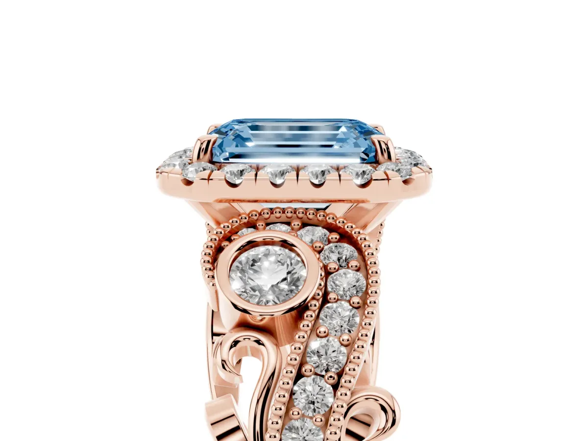 Fancy Blue Emerald Cut Diamond Halo Ring with Milgrain Pavé Band and Four-Prong Setting Rose gold