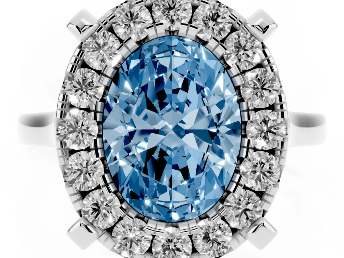 Fancy Blue Oval Cut Diamond Cluster Halo Solitaire with Four-Prong Setting Silver