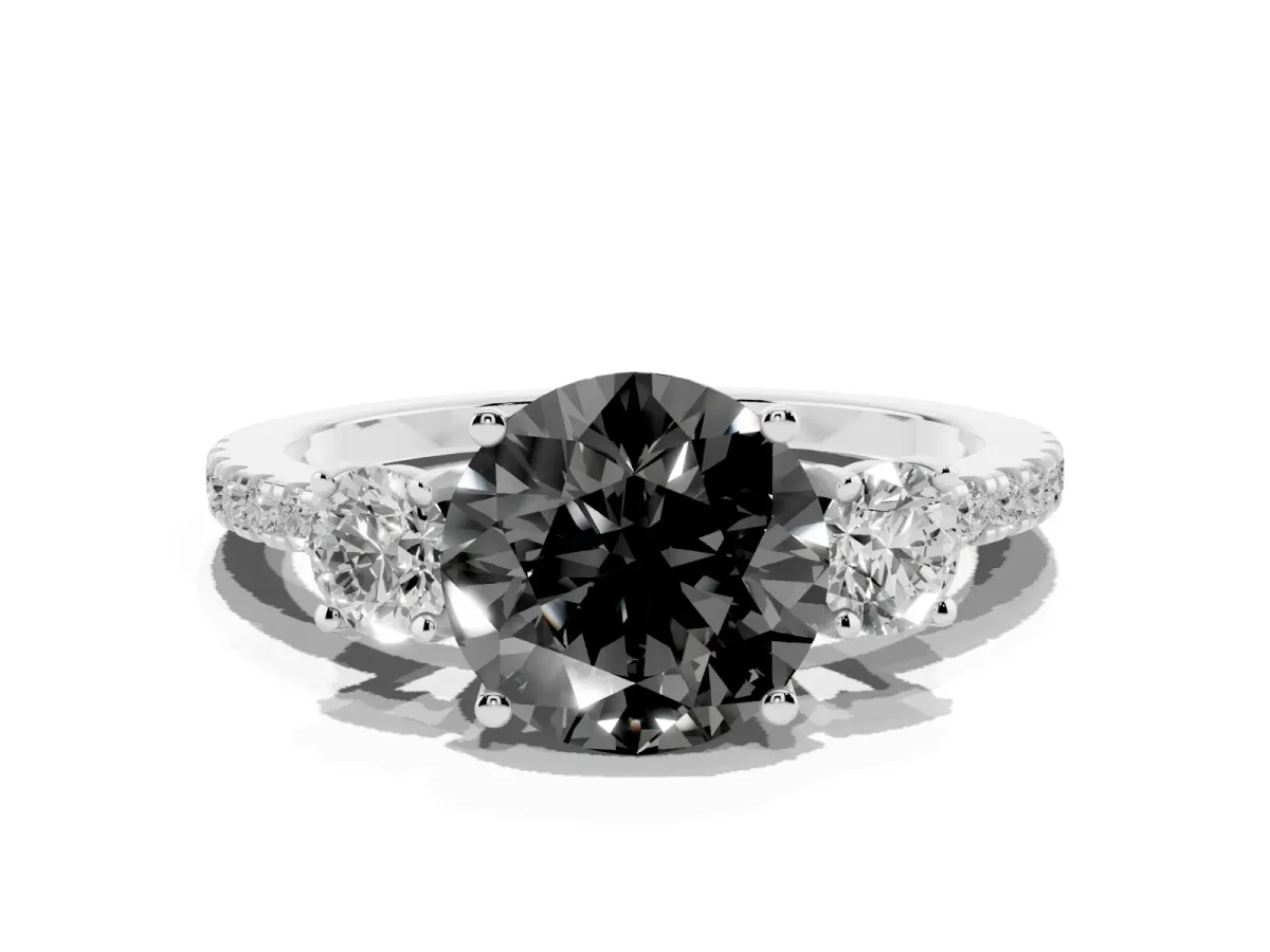 Fancy Black Three-Stone Round Cut Cut Diamond Pavé Band with Prong Setting Silver