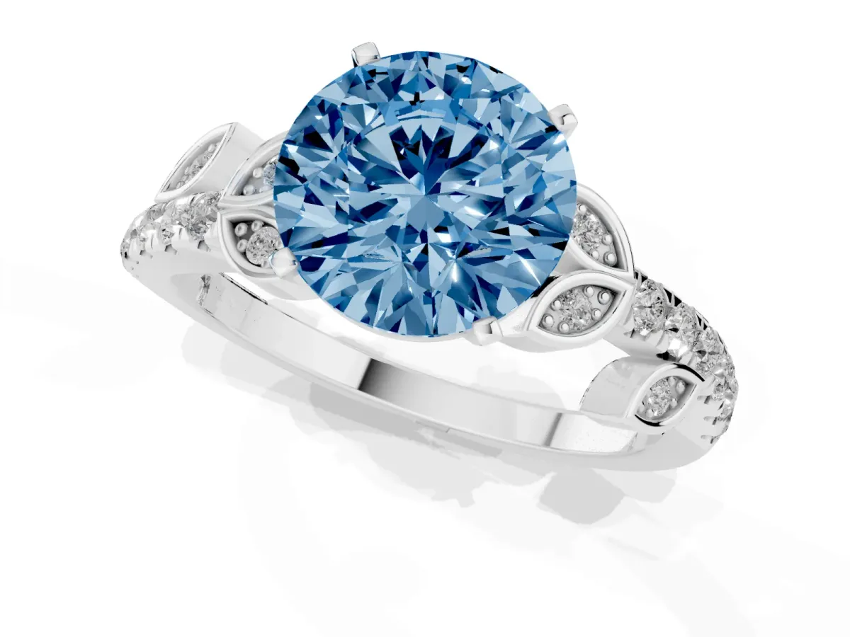 Fancy Blue Round Cut Solitaire Leaf-Inspired Diamond Ring with Pavé Band and Four-Prong Setting Silver