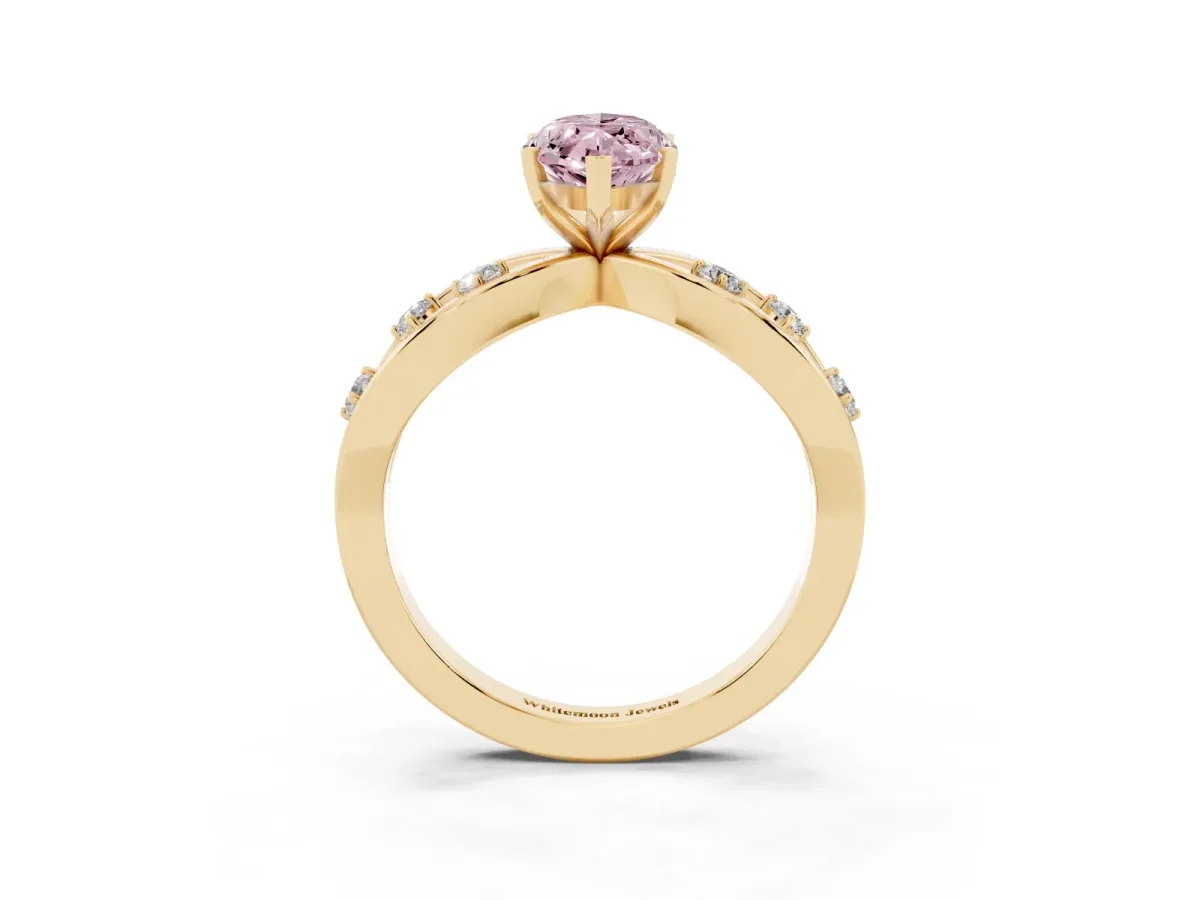 Fancy Pink Marquise Cut Cut Solitaire Diamond with Side Stones on Criss-Cross Band and Four-Prong Setting Yellow gold