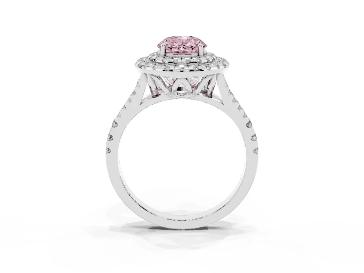 Fancy Pink Double Halo Oval Cut Diamond Pavé Split Shank Ring with Prong Setting Platinum