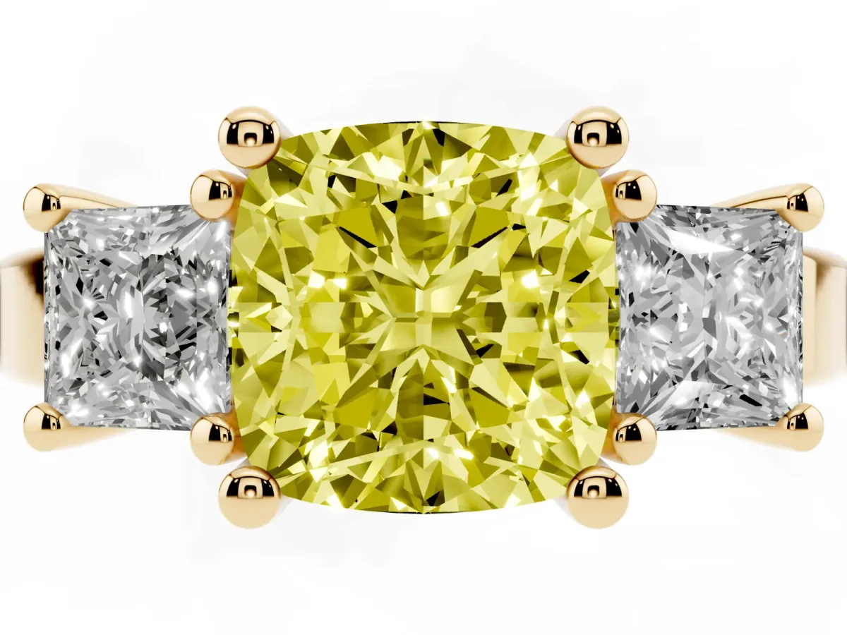 Fancy Yellow Three-Stone Cushion Cut Cut Solitaire Ring with Prong Setting Yellow gold