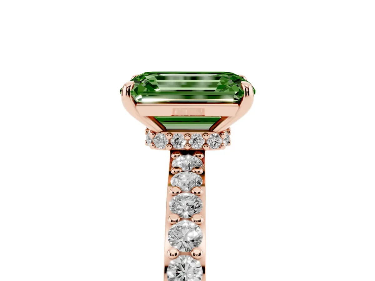 Fancy Green Emerald Cut Diamond Pavé Engagement Ring with Round Accents and Prong Setting Rose gold