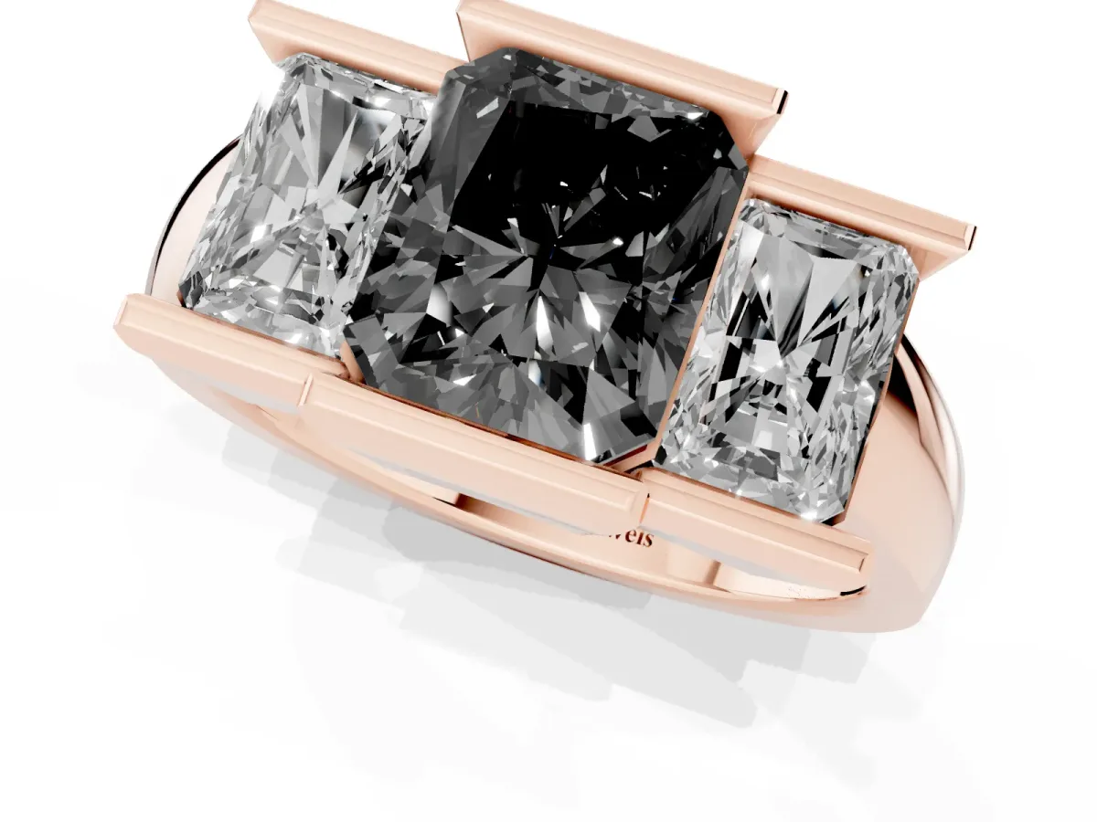 Fancy Black Three Stone Radiant Cut Cut Channel Set Diamond Ring Rose gold