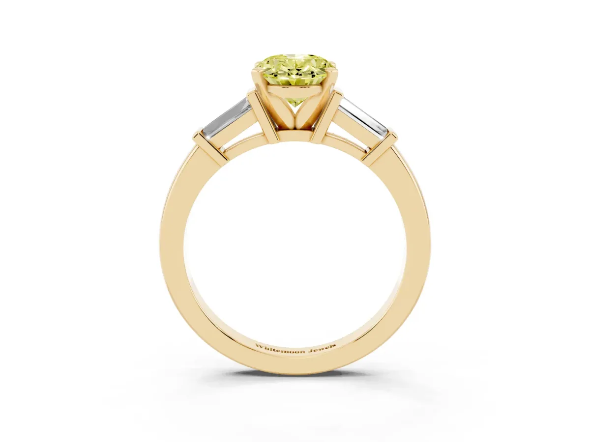 Fancy Yellow Oval Cut Cut Diamond Solitaire Ring with Tapered Baguette Accents and Four-Prong Setting Yellow gold