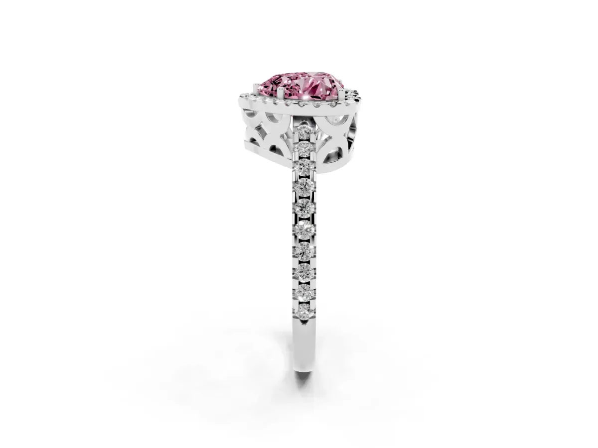 Fancy Pink Heart Cut Diamond Halo Engagement Ring with Pavé Band and Prong Setting White gold