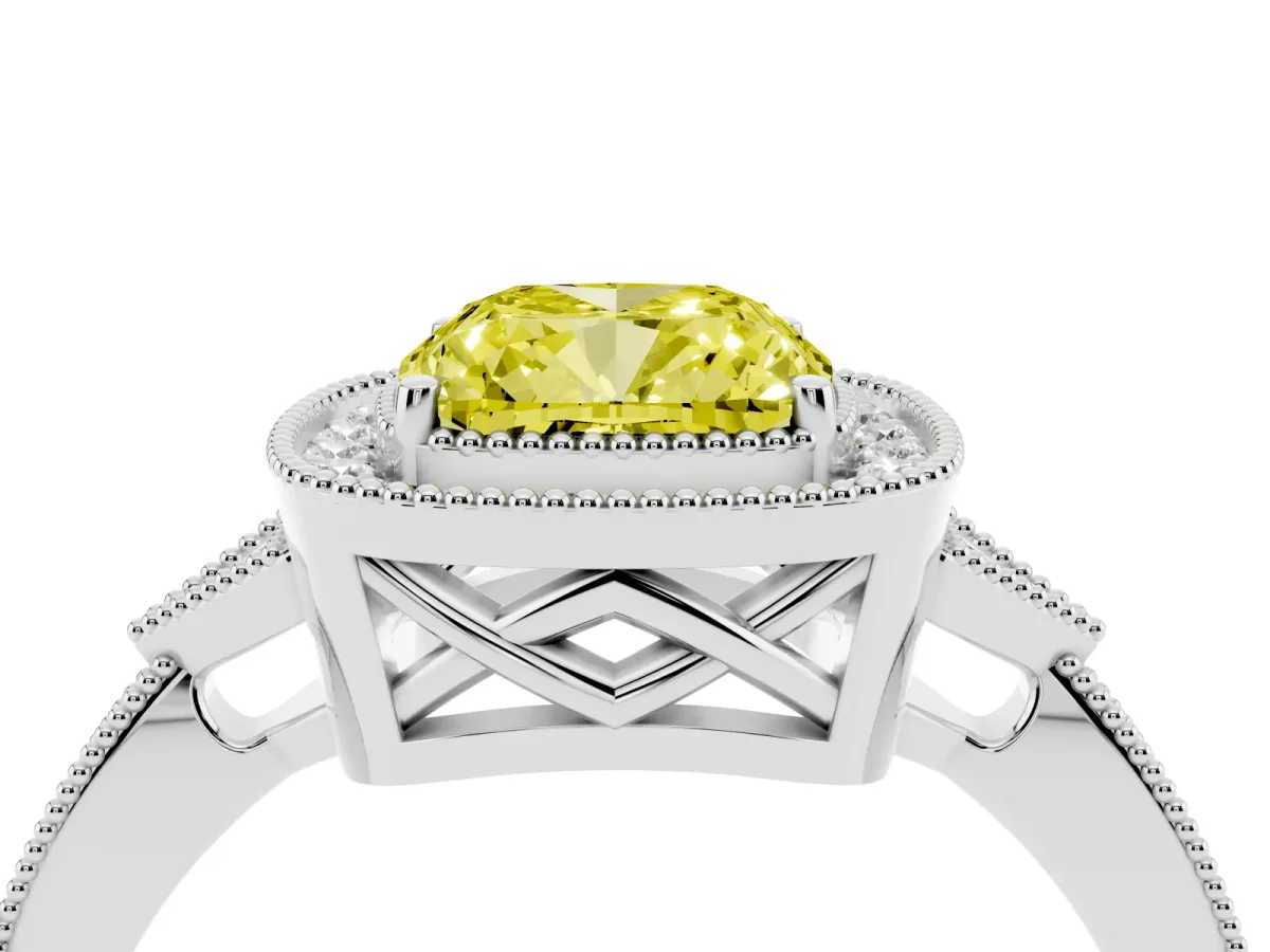 Fancy Yellow Cushion Cut Halo Round Diamond Milgrain Pave Engagement Ring Silver