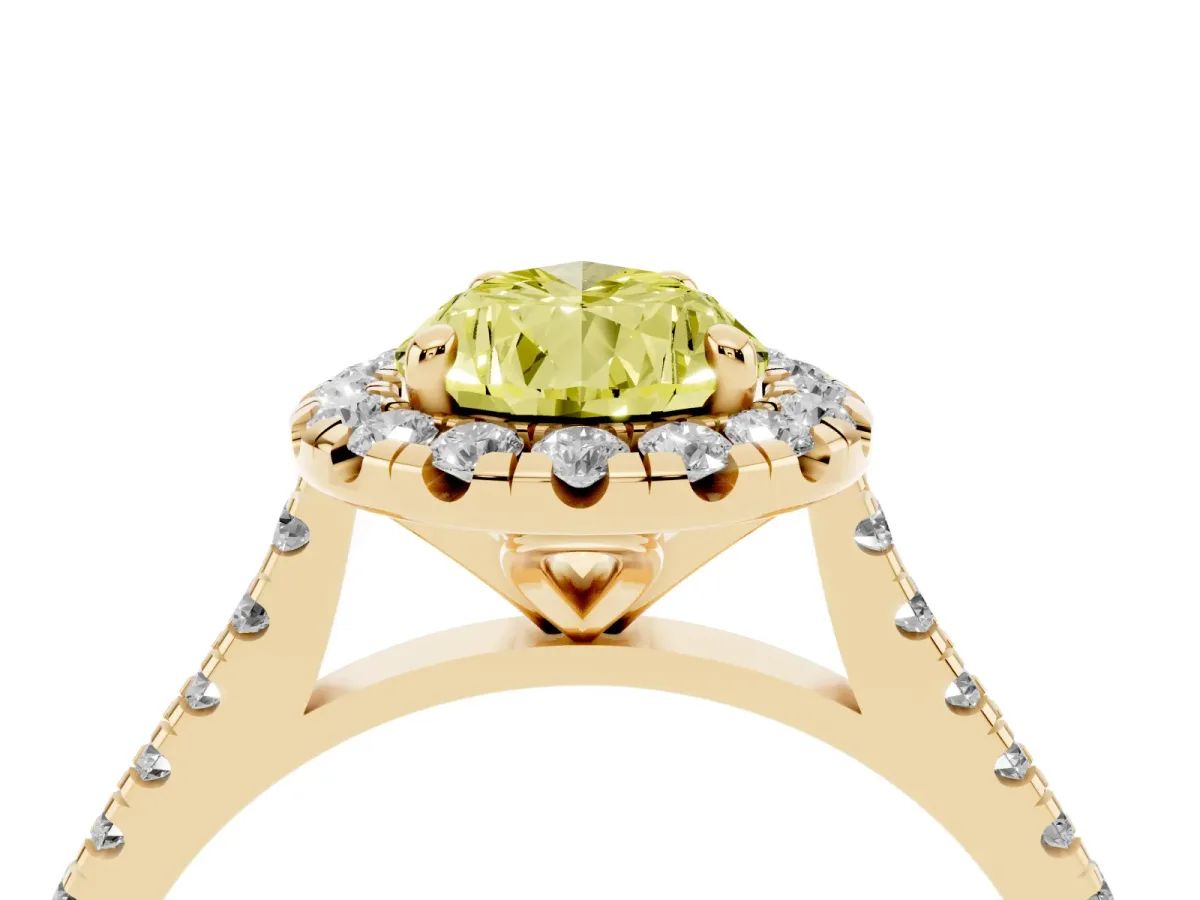Fancy Yellow Pear Cut Diamond Cushion Halo Ring with Pavé Band Yellow gold