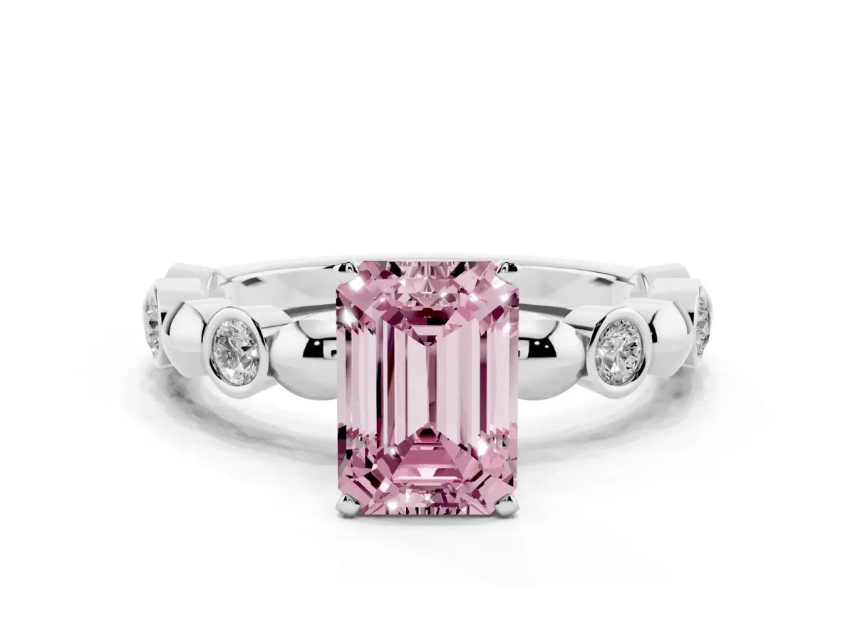 Fancy Pink Emerald Cut Solitaire Bezel-Set Diamond Ring with Beaded Band and Four-Prong Setting Silver